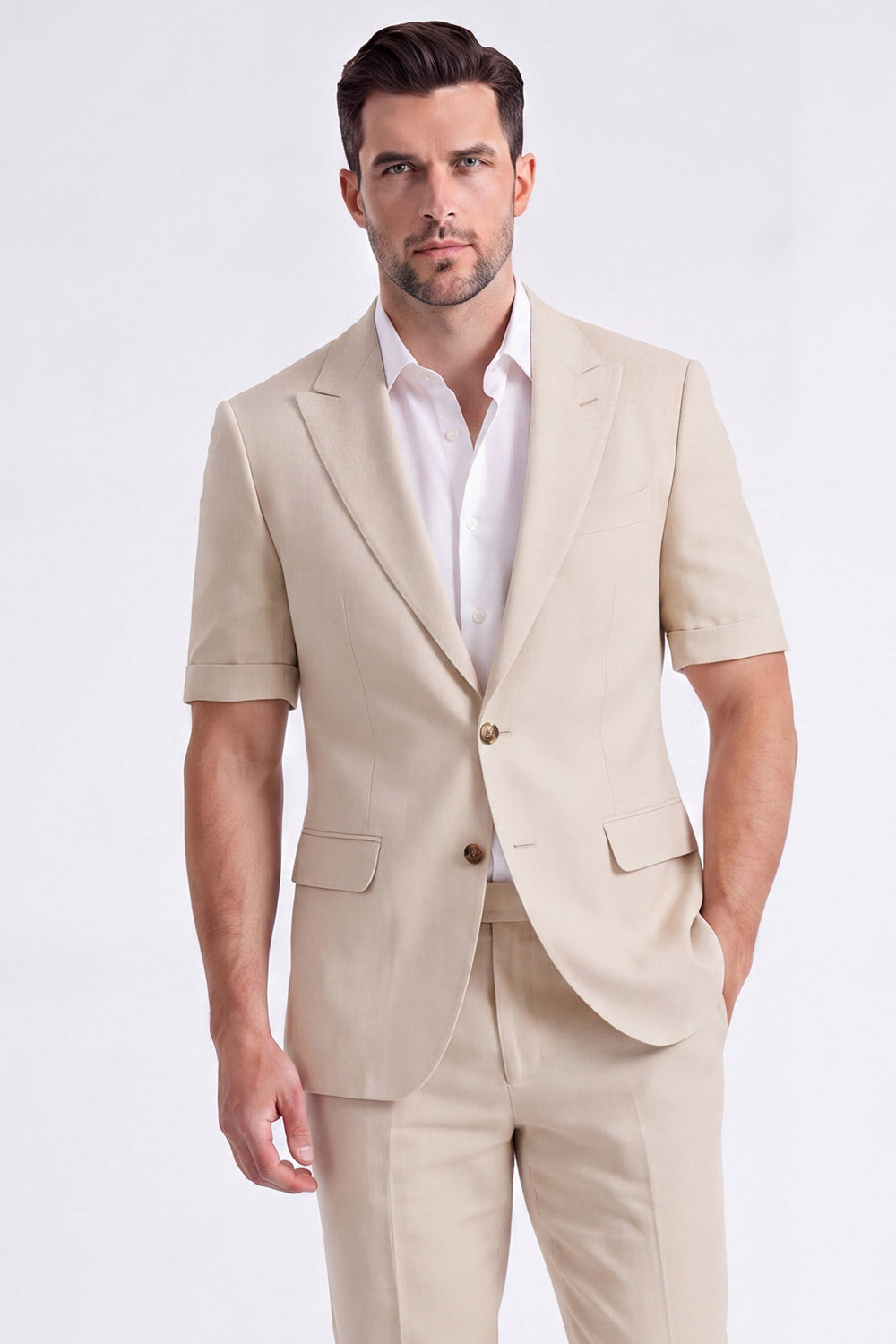 Costume Homme Beige 2 Pièces à Revers Cranté et Simple Boutonnage
