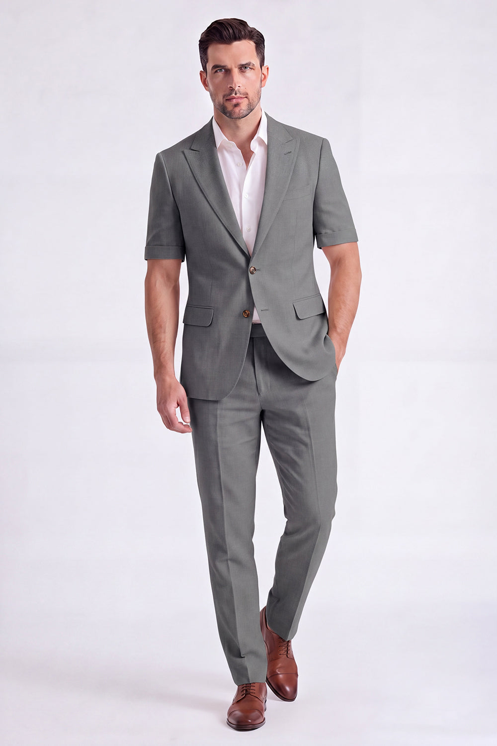 Costume Homme Beige 2 Pièces à Revers Cranté et Simple Boutonnage