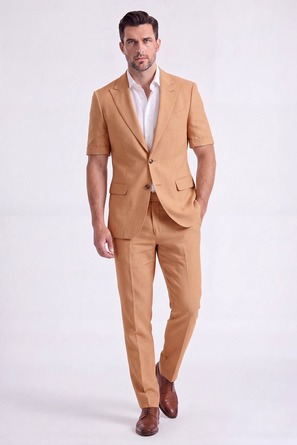 Costume Homme Beige 2 Pièces à Revers Cranté et Simple Boutonnage