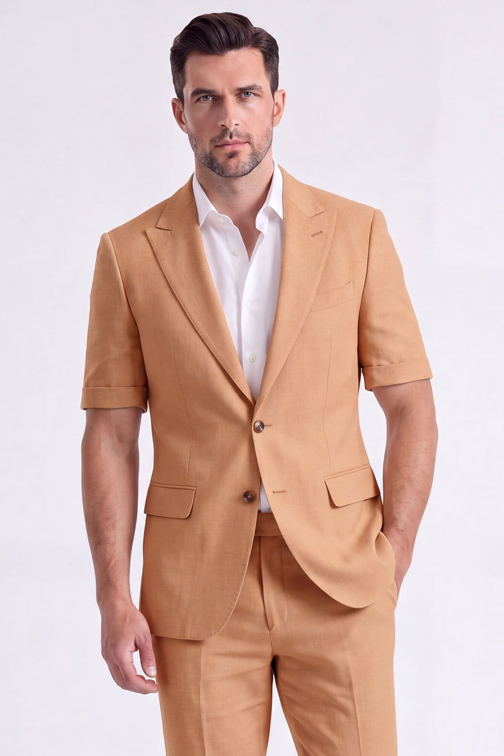 Costume Homme Beige 2 Pièces à Revers Cranté et Simple Boutonnage