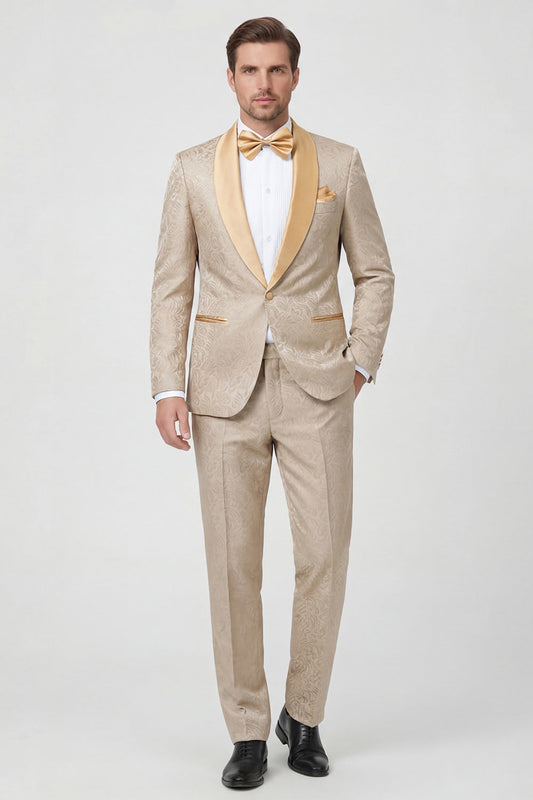 Costume 2 pièces pour homme avec revers châle en jacquard couleur champagne