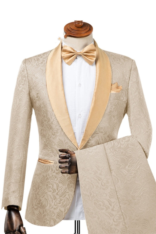 Costume 2 pièces pour homme avec revers châle en jacquard couleur champagne