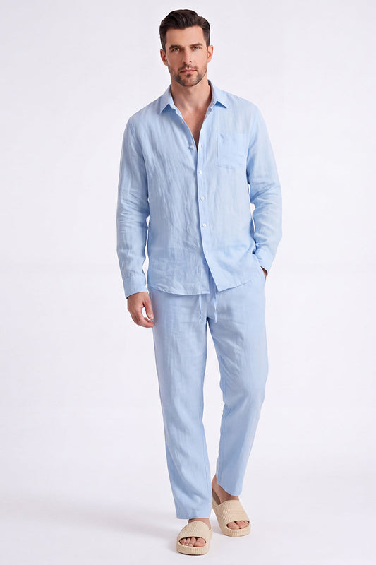 Ensemble coordonné homme 2 pièces en lin bleu clair
