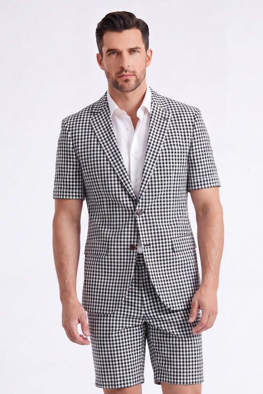 Ensemble 2 pièces noir, motif écossais, revers crantés, short et veste pour homme