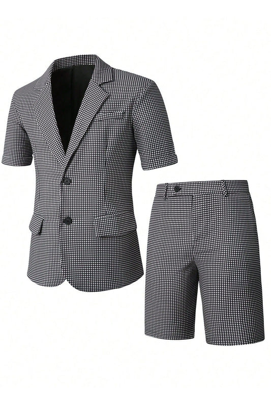 Ensemble 2 pièces noir, motif écossais, revers crantés, short et veste pour homme
