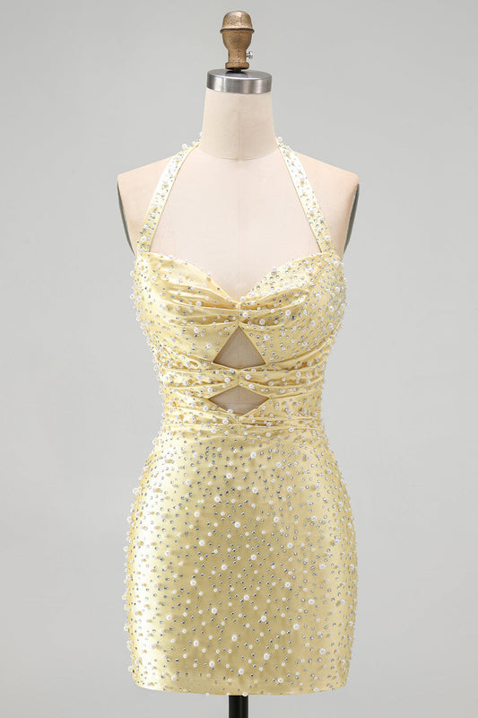 Robe de soirée moulante jaune à licou avec perles découpées et perles