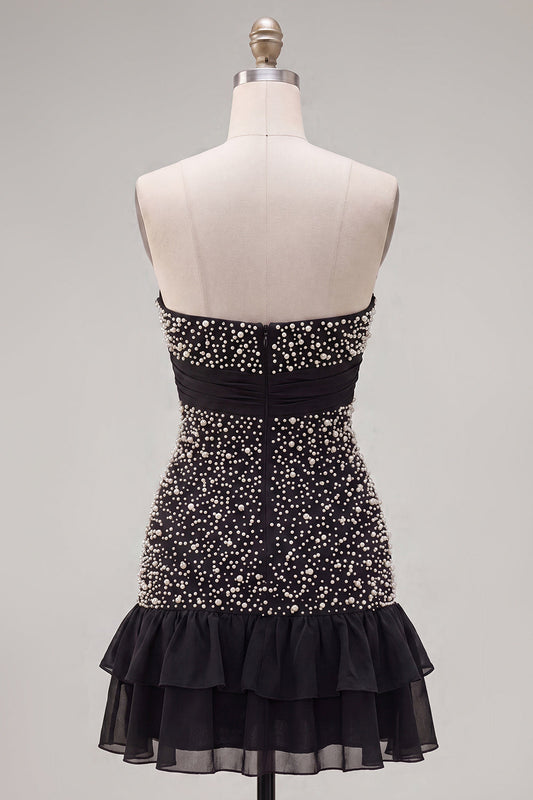 Black Strapless Bodycon Pearl Ruffled Homecoming Dress with Bow