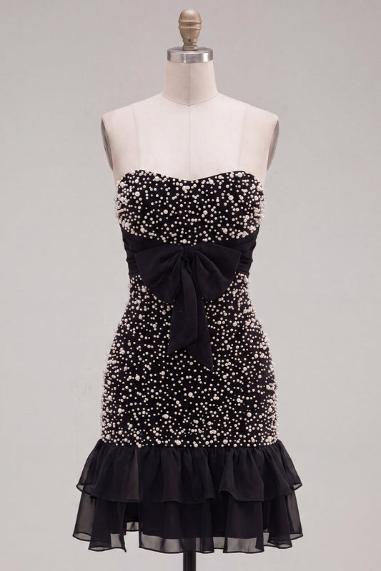 Black Strapless Bodycon Pearl Ruffled Homecoming Dress with Bow