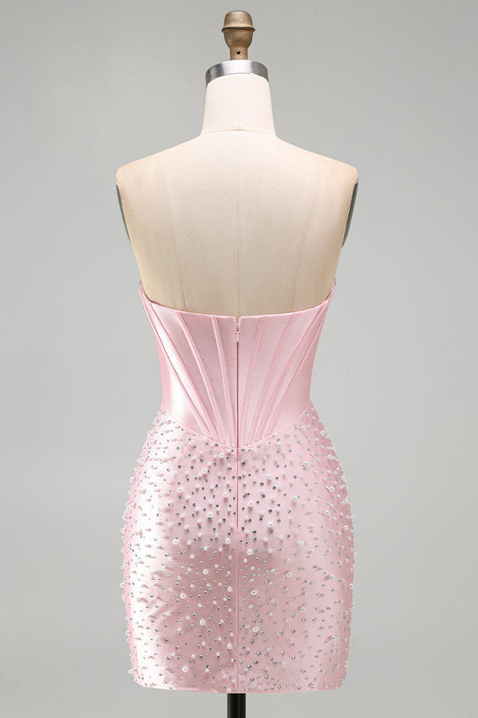 Robe de bal courte moulante en corset rose scintillant avec perles et strass
