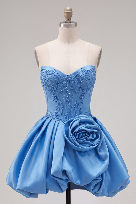 A-Line Dark Blue Strapless Beaded Corset Homecoming Dress with 3D Flower