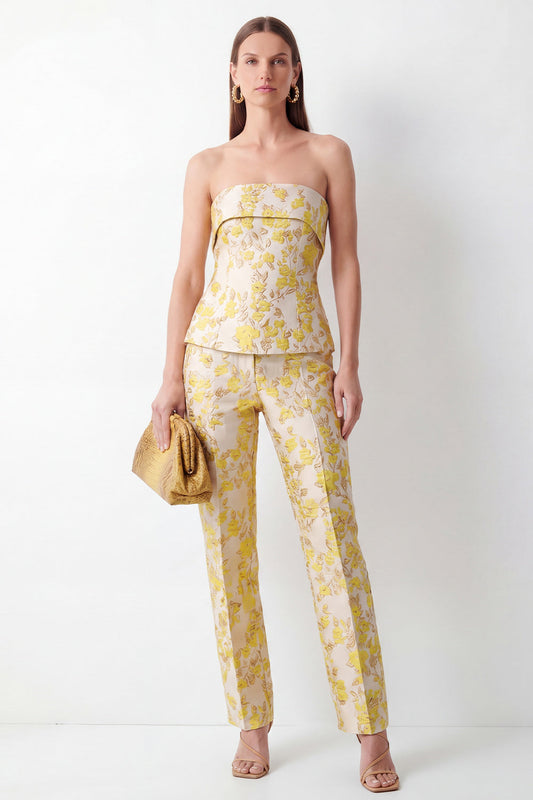 Yellow 2-Piece Strapless Floral Jacquard Slim Fit Women Suits