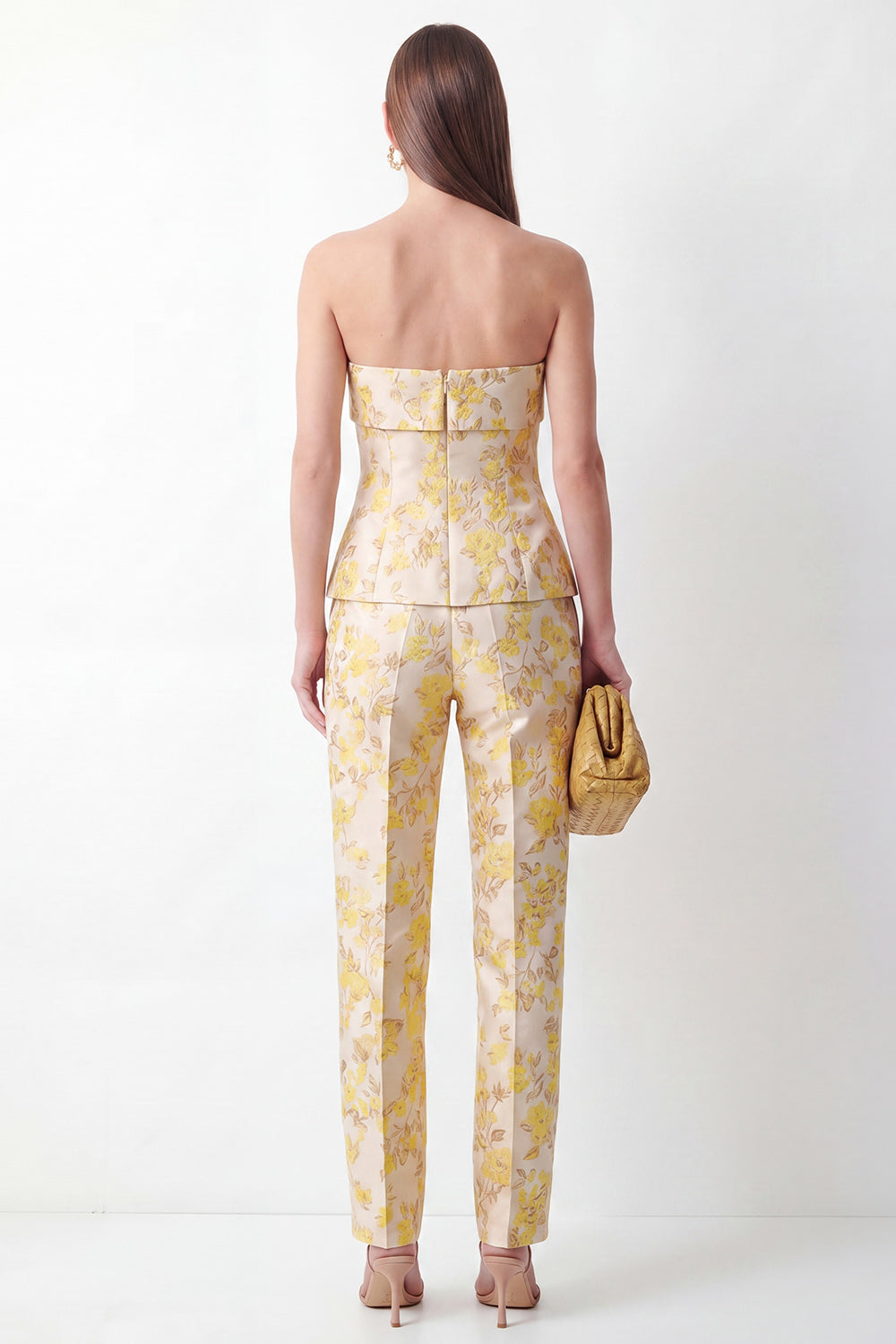 Yellow 2-Piece Strapless Floral Jacquard Slim Fit Women Suits