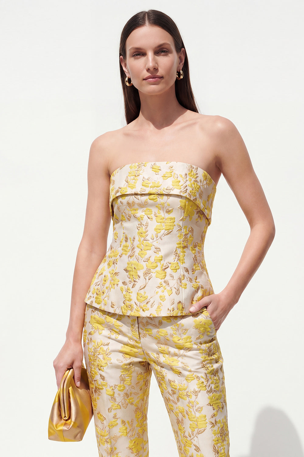 Yellow 2-Piece Strapless Floral Jacquard Slim Fit Women Suits