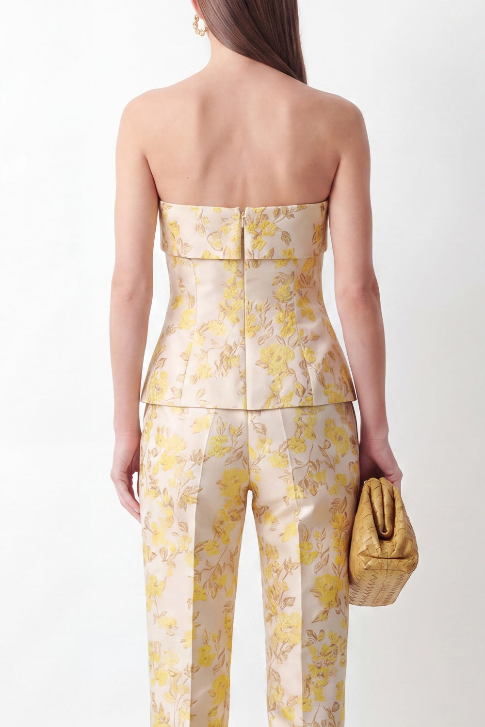 Yellow 2-Piece Strapless Floral Jacquard Slim Fit Women Suits