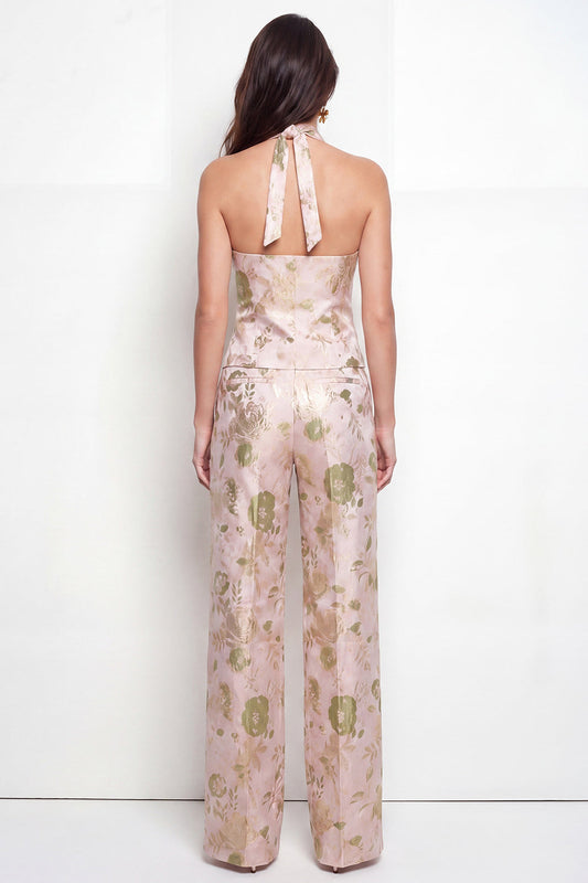 Ensemble tailleur femme jacquard 2 pièces à col licou et simple boutonnage Green Flower