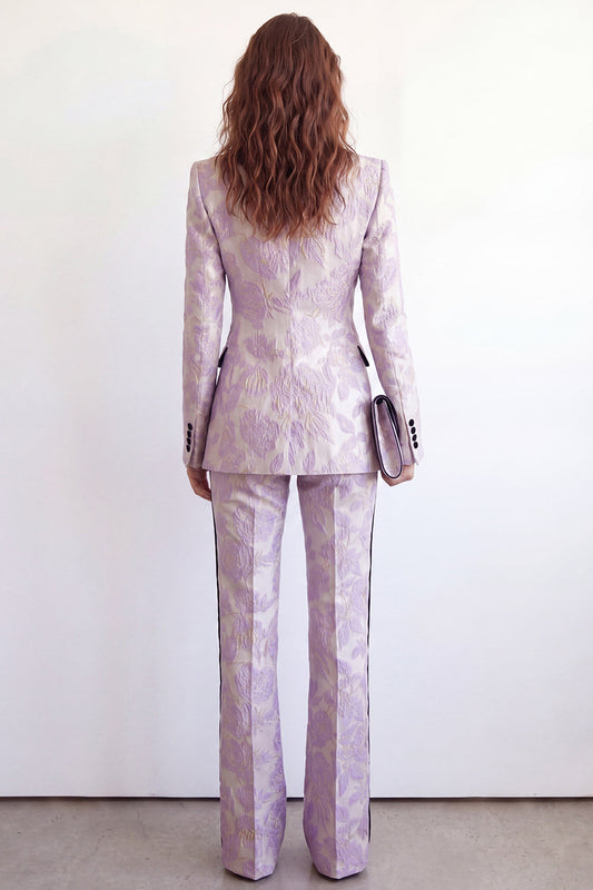 Purple Flower 2 Piece Peak Lapel One Button Jacquard Slim Fit Women's Suit