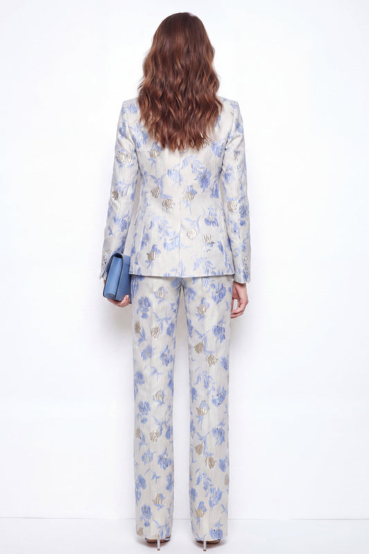 Costume femme 2 pièces à fleurs bleues, col à revers cranté, un bouton, jacquard