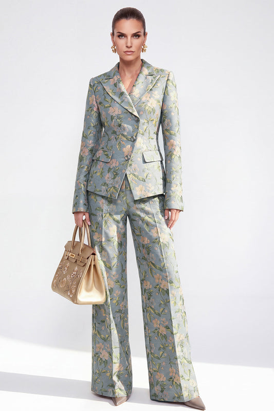 Costumes fleuris femme 2 pièces croisés gris-bleu à revers en pointe