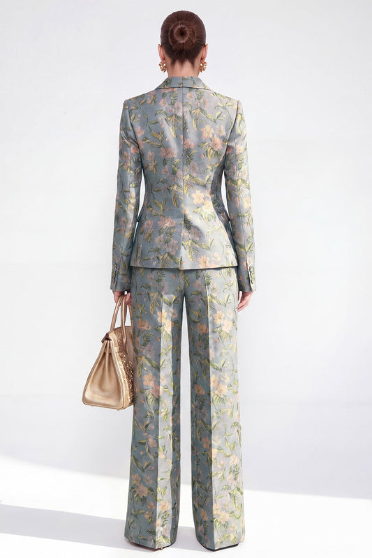 Costumes fleuris femme 2 pièces croisés gris-bleu à revers en pointe