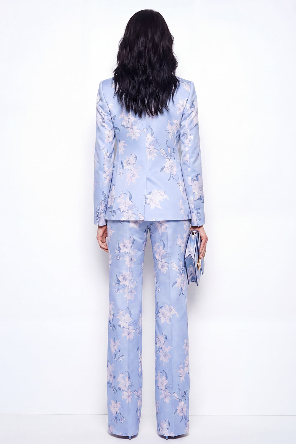 Blue Notch Lapel 2 Piece Jacquard One Button Slim Fit Women Suits