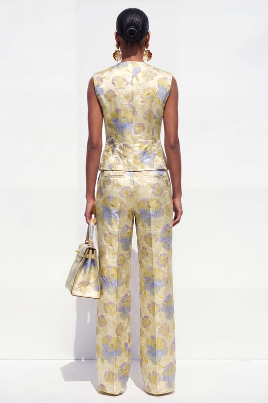 Costumes pour femmes 2 pièces en jacquard col V un bouton Fleur Jaune