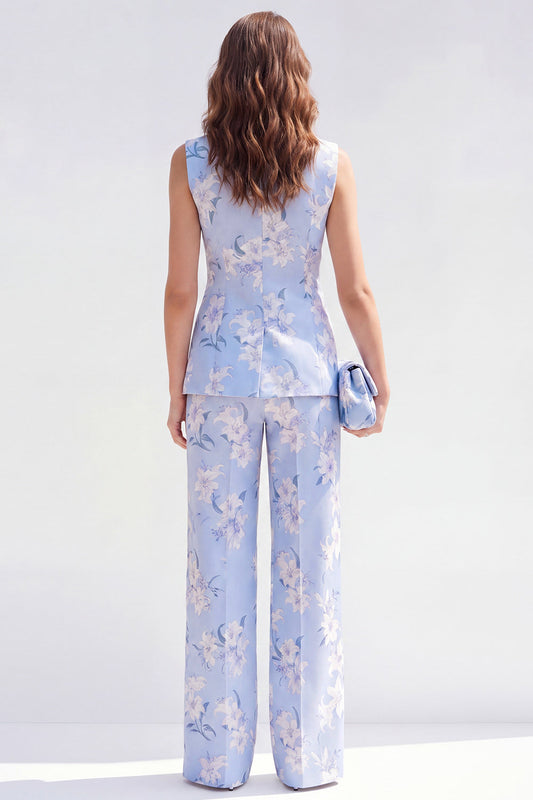 2-Piece Blue Shawl Lapel One-Button Jacquard Floral Women's Suit