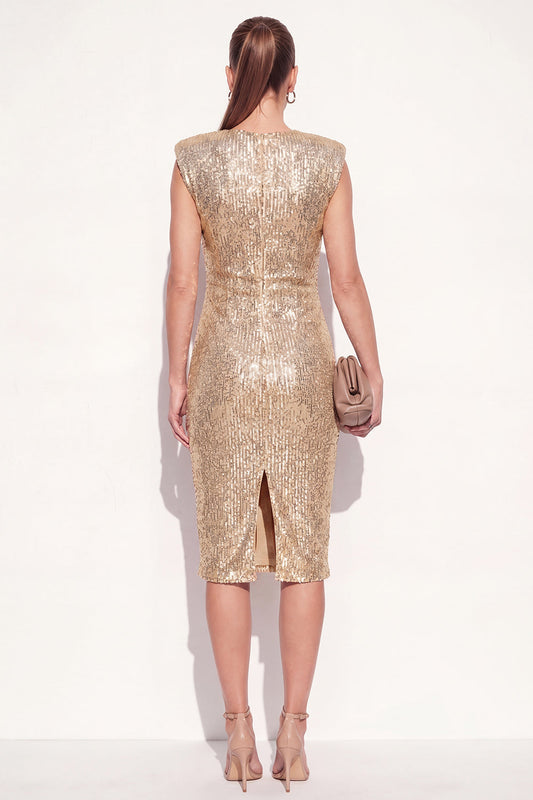 Sparkly Golden Round Neck Bodycon Sequined Midi Work Dress with Slit