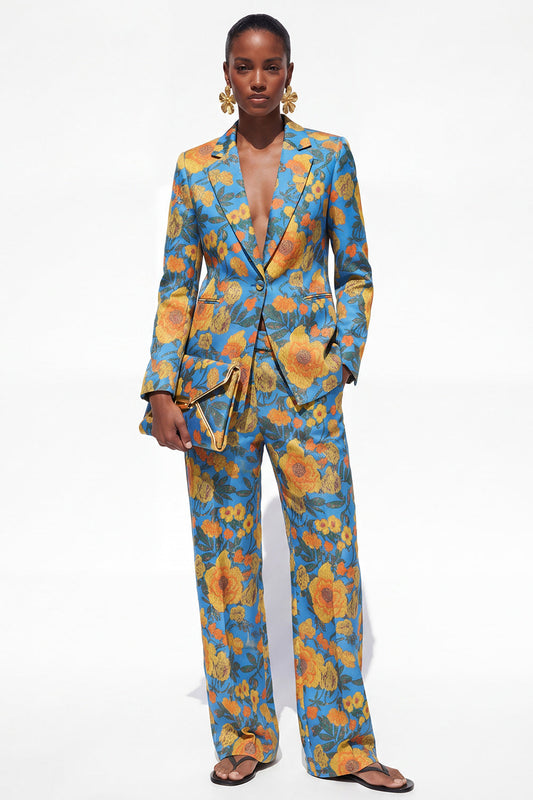 Blue Floral 2 Piece Notch Lapel One Button Women's Suit