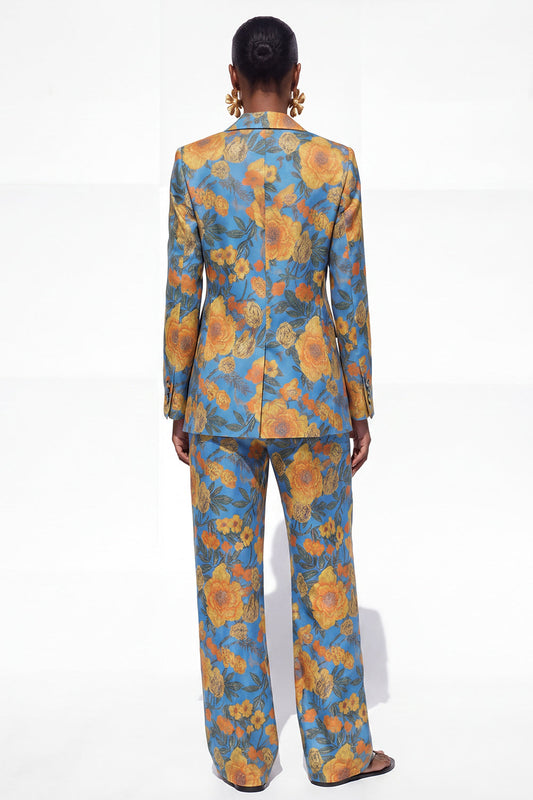 Blue Floral 2 Piece Notch Lapel One Button Women's Suit