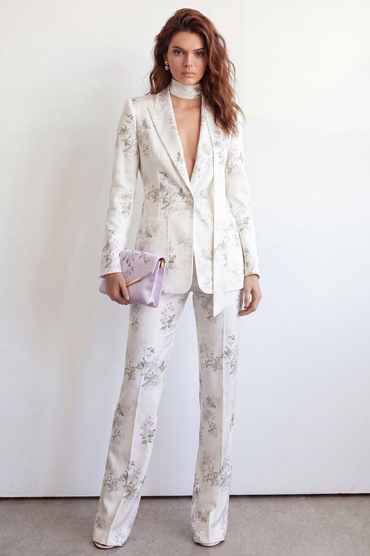 Costume deux pièces pour femme à revers blancs, fleuri, un bouton