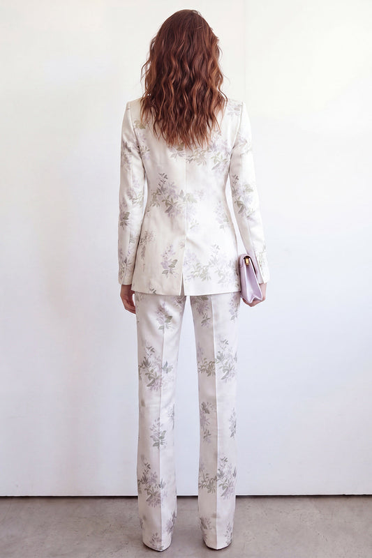 Costume deux pièces pour femme à revers blancs, fleuri, un bouton