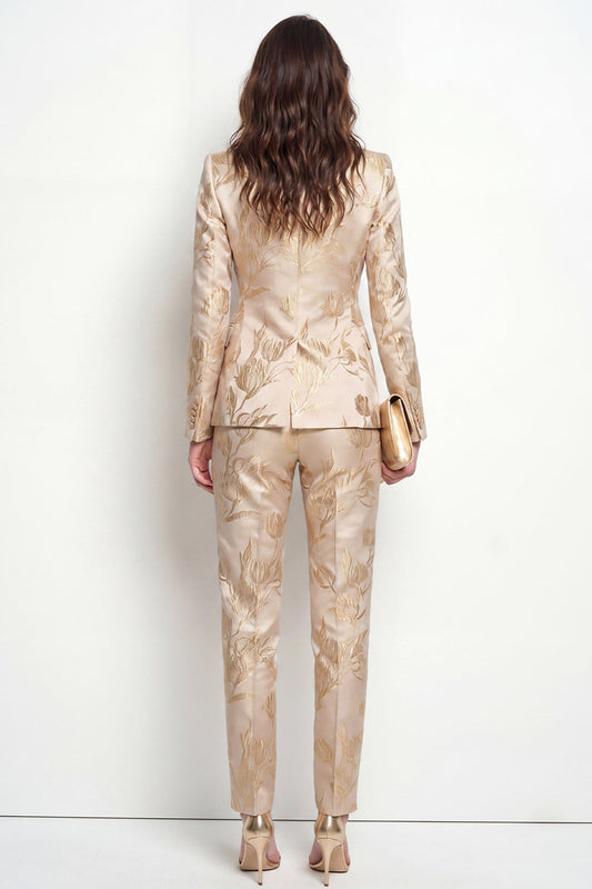 Costumes femme ajustés 2 pièces en jacquard doré à revers pointus et un bouton