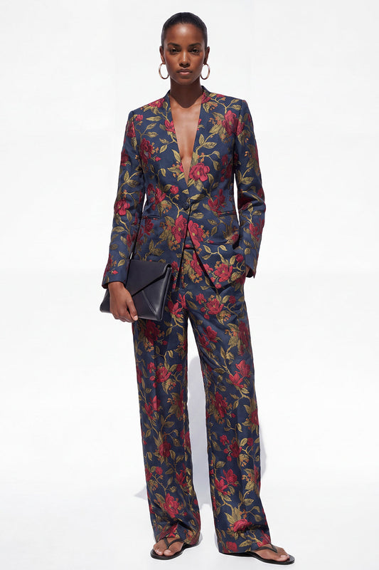 Black 2 Piece One Button Floral Jacquard Women's Suits