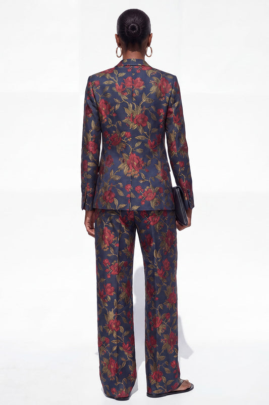 Black 2 Piece One Button Floral Jacquard Women's Suits