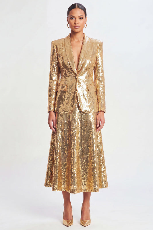 Sparkly Golden Shawl Lapel 2 Piece Women's Skirt Suits with Sequins