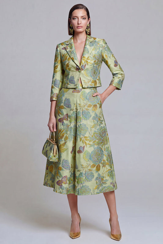 Ensemble tailleur jupe pour femme à revers crantés, deux pièces fleuri vert sauge, avec poches