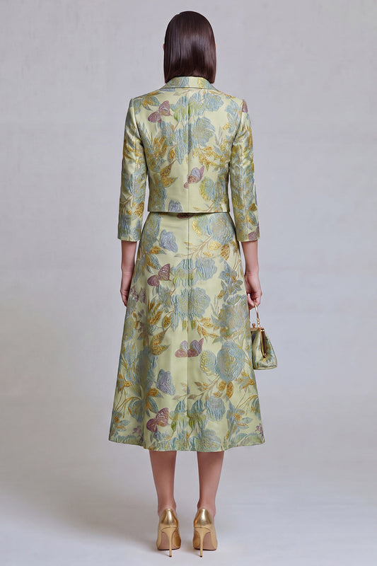 Ensemble tailleur jupe pour femme à revers crantés, deux pièces fleuri vert sauge, avec poches