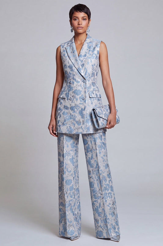 2 Piece Dusty Blue Floral Double Breasted Peak Lapel Women's Suit