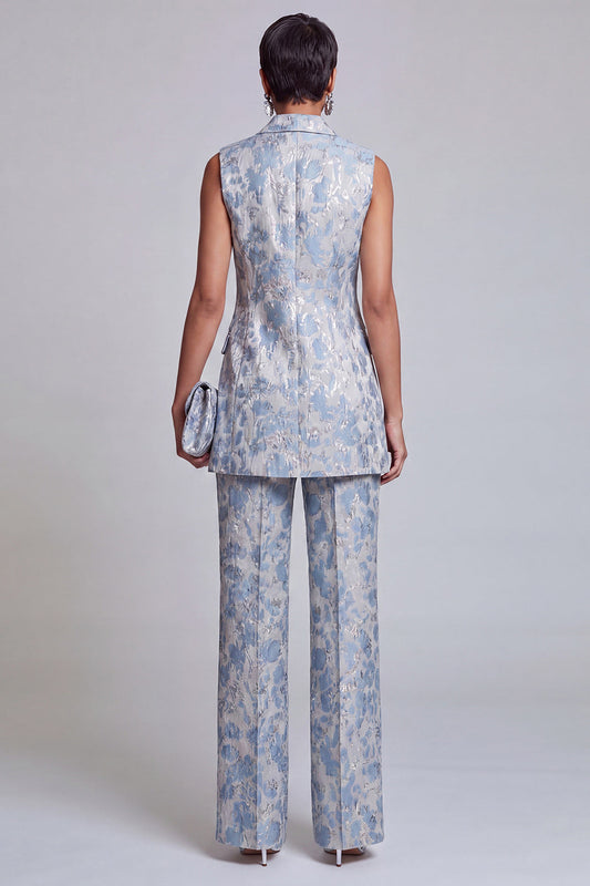 2 Piece Dusty Blue Floral Double Breasted Peak Lapel Women's Suit