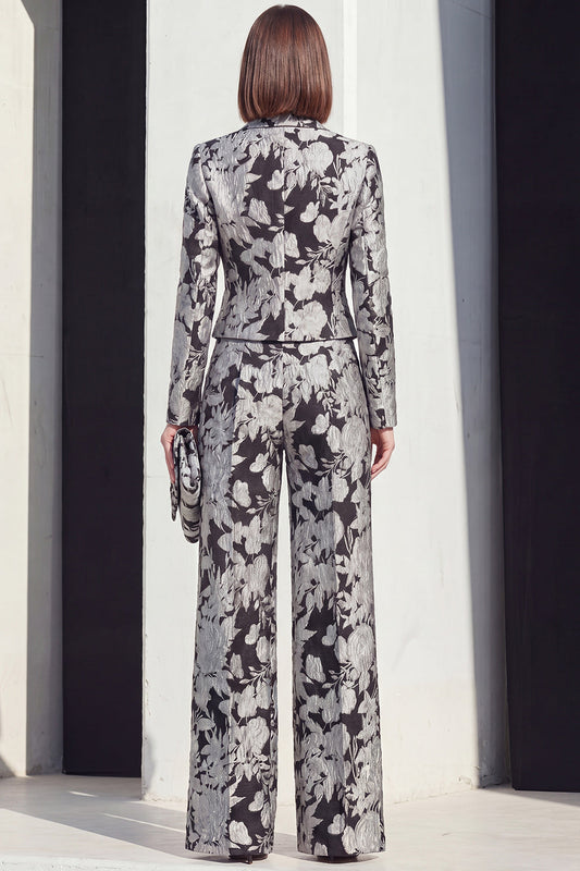 Costume femme 2 pièces à revers de pointe, floral noir et argent, avec poches