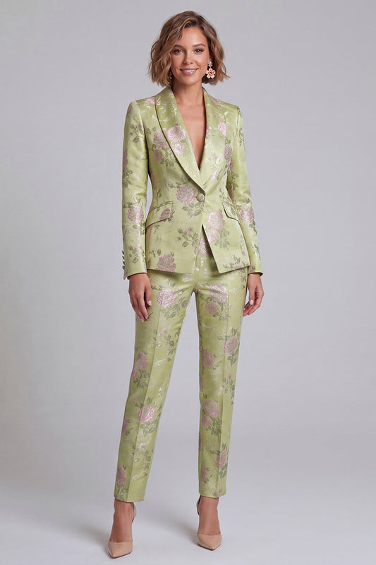 Costumes 2 pièces pour femmes, coupe fleurie, revers châle vert sauge