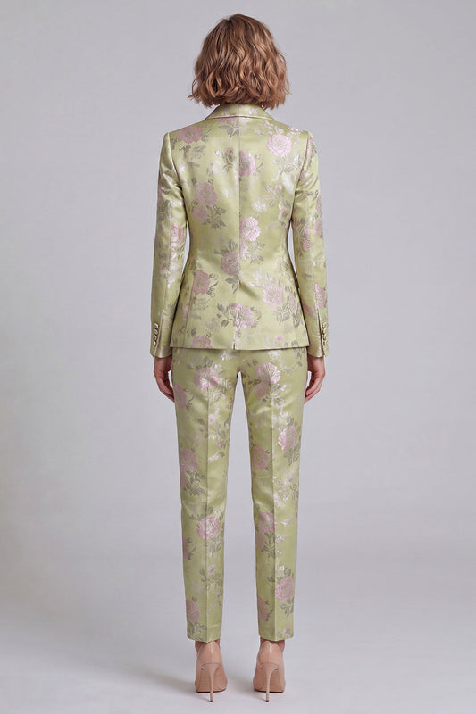 Costumes 2 pièces pour femmes, coupe fleurie, revers châle vert sauge