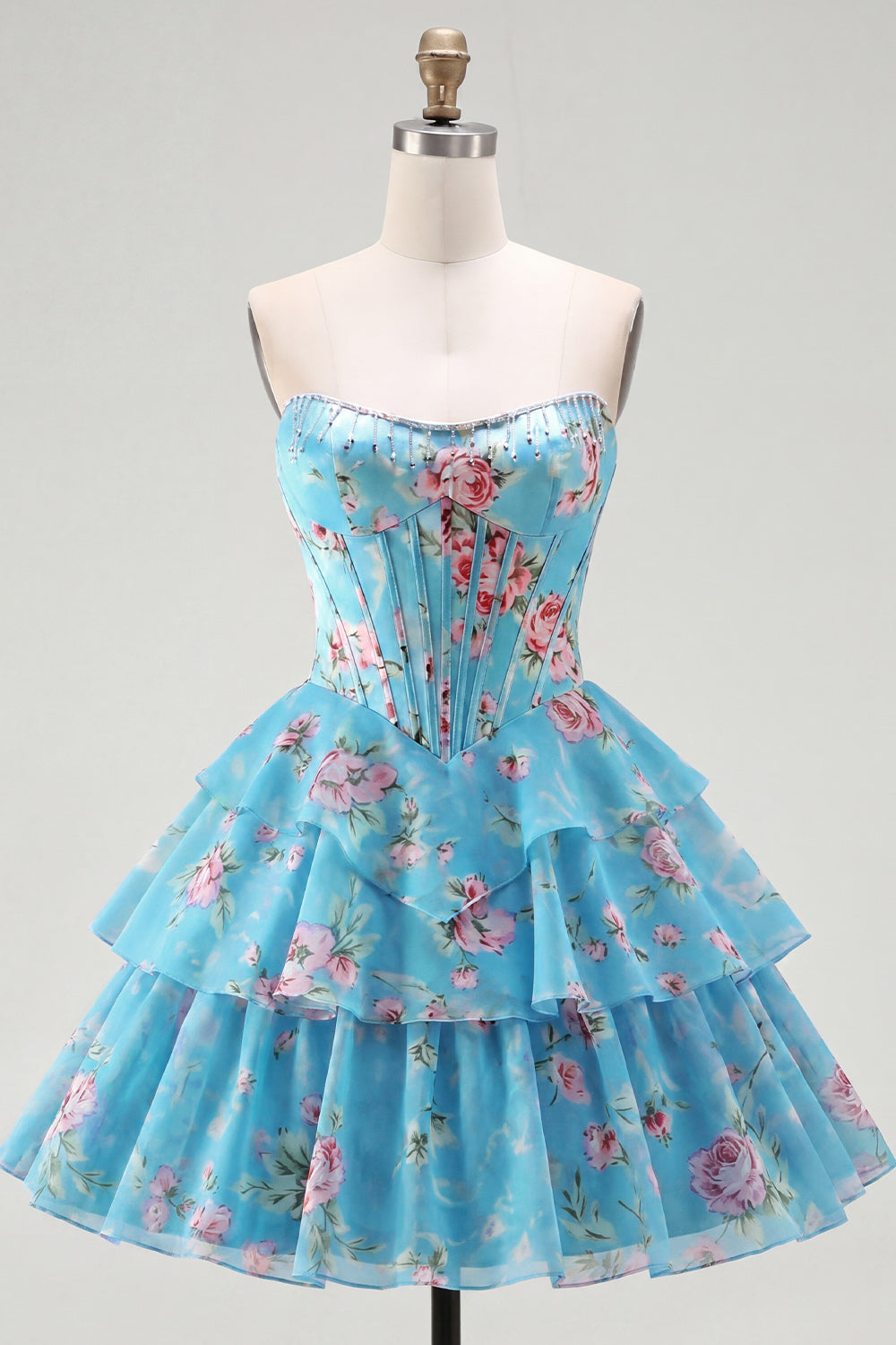 A-Line Yellow Strapless Corset Floral Tiered Homecoming Dress