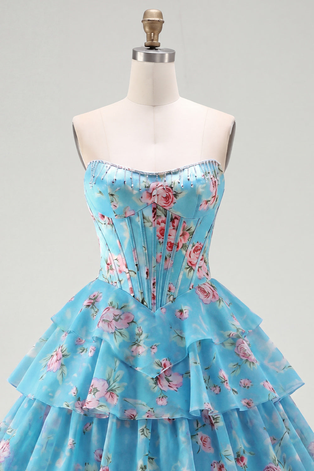 A-Line Yellow Strapless Corset Floral Tiered Homecoming Dress