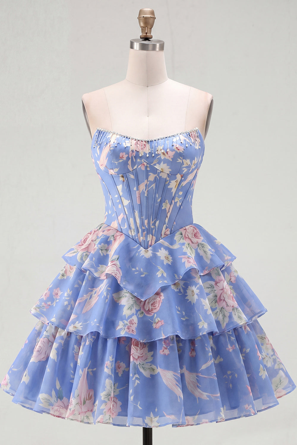 A-Line Yellow Strapless Corset Floral Tiered Homecoming Dress