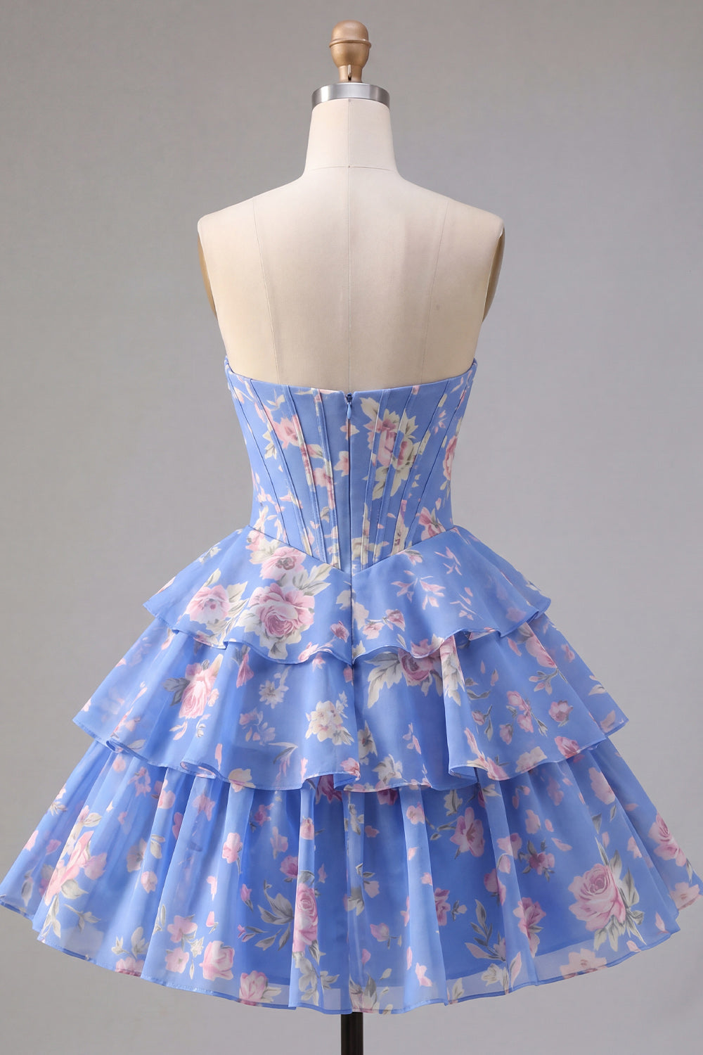 A-Line Yellow Strapless Corset Floral Tiered Homecoming Dress