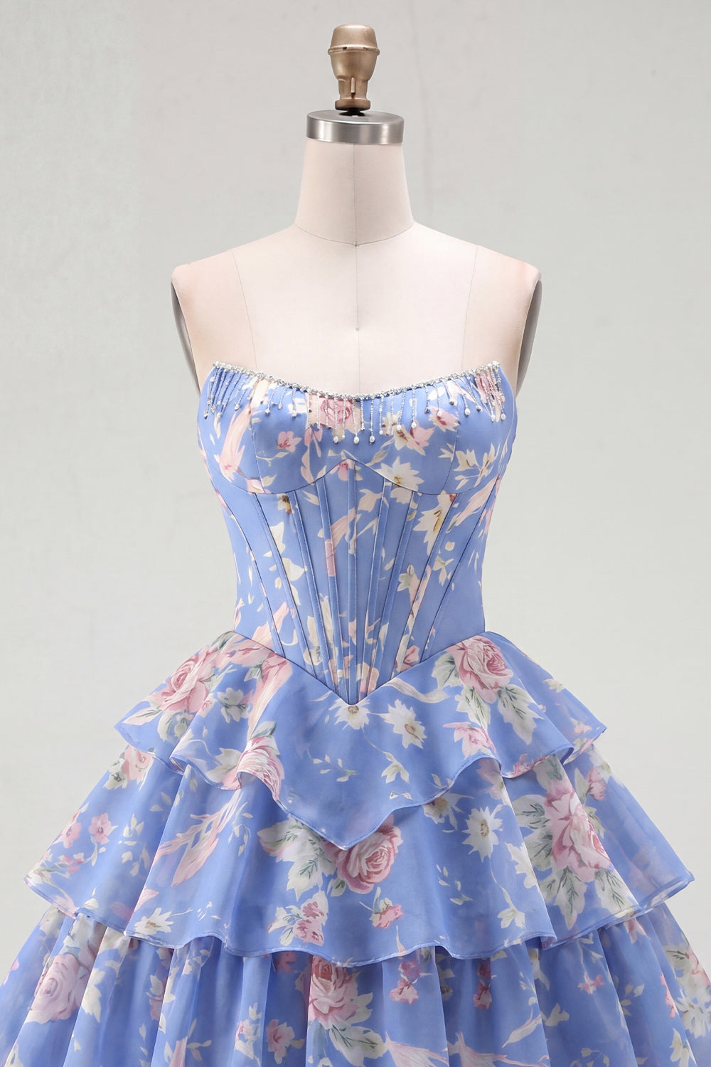 A-Line Yellow Strapless Corset Floral Tiered Homecoming Dress