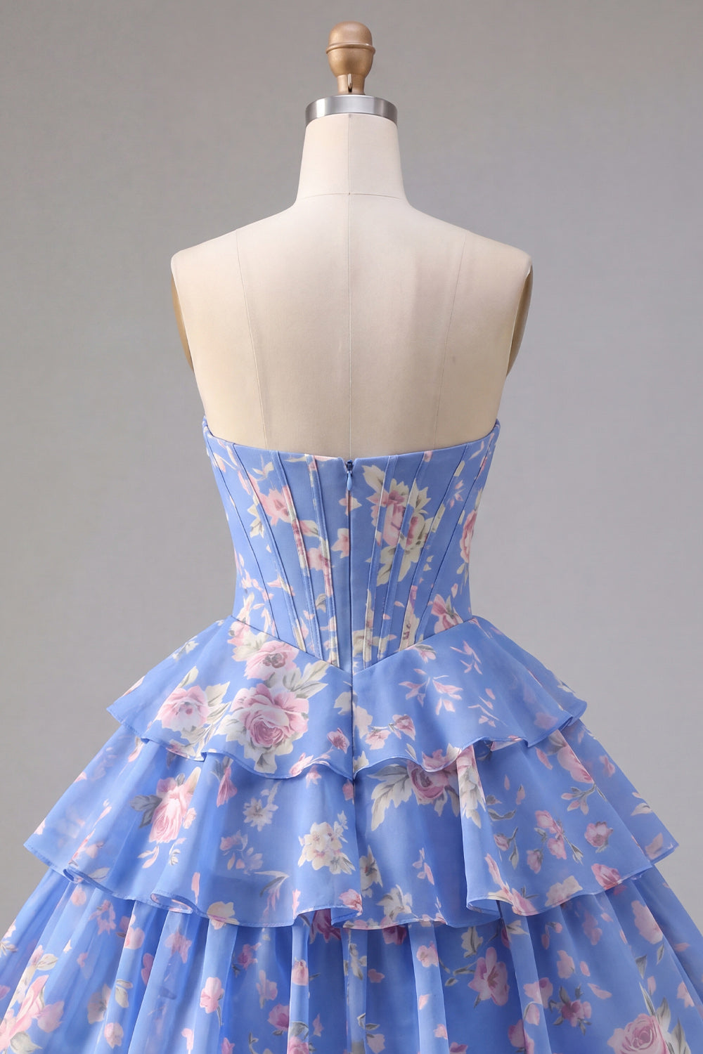 A-Line Yellow Strapless Corset Floral Tiered Homecoming Dress
