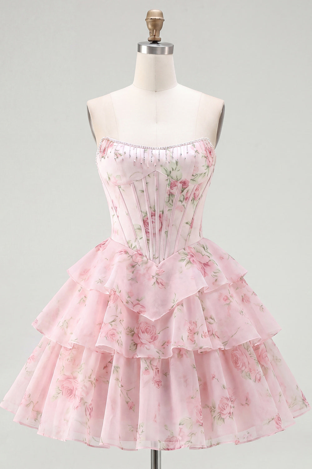 A-Line Yellow Strapless Corset Floral Tiered Homecoming Dress