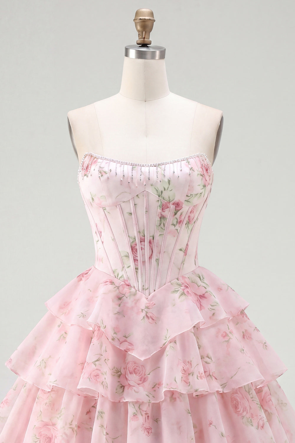 A-Line Yellow Strapless Corset Floral Tiered Homecoming Dress